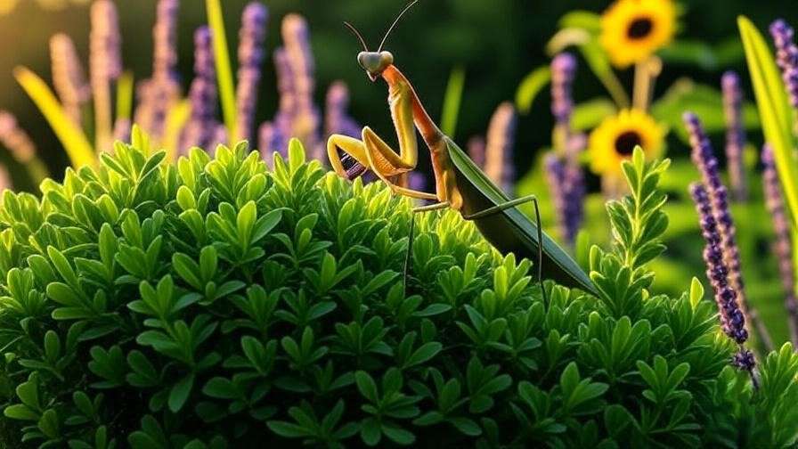 Praying mantis on a shrub with tall grasses and nectar-rich flowers in a garden