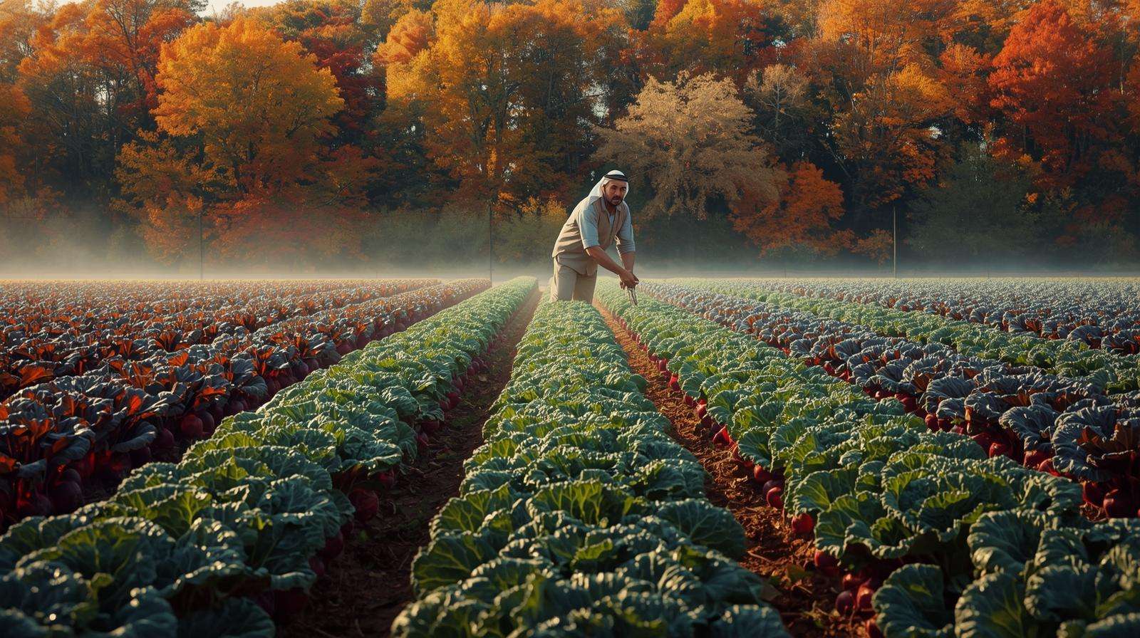 Farmer tending kale and beets in a golden fall field with colorful autumn foliage, illustrating ideal conditions for cool-season crop farming.