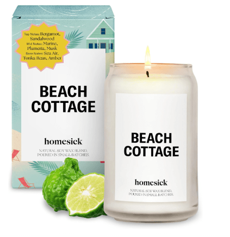 Homesick Scented Candles for Home (Beach Cottage) - Long-Lasting Natural Soy Wax Blend Jar Candle Gifts for Women & Men, 60-80 Hours Burn Time - Notes of Bergamot & Sandalwood
