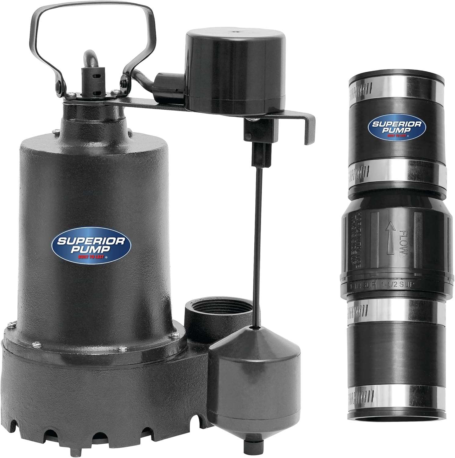 Superior Pump 92031 1/3 HP Cast Iron Submersible Sump Pump with Vertical Float Switch, plus 1-1/2-Inch Rubber Boot Check Valve