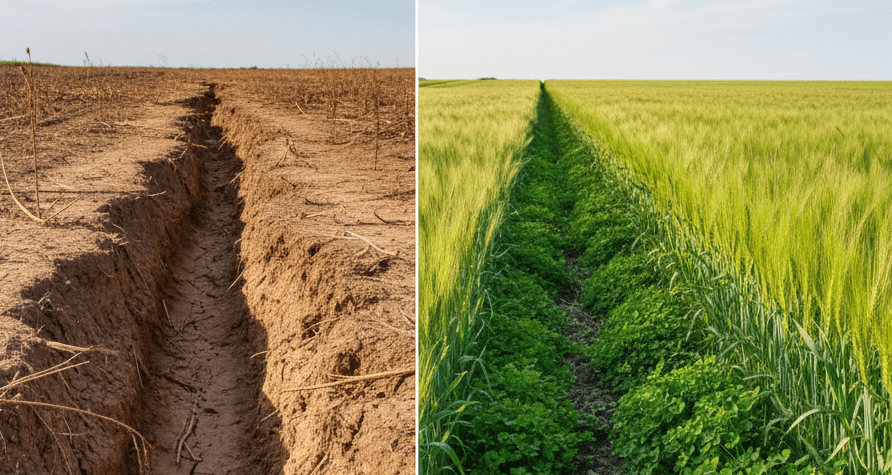 Comparison of eroded and healthy soil with barley and legumes, highlighting sustainable farming.