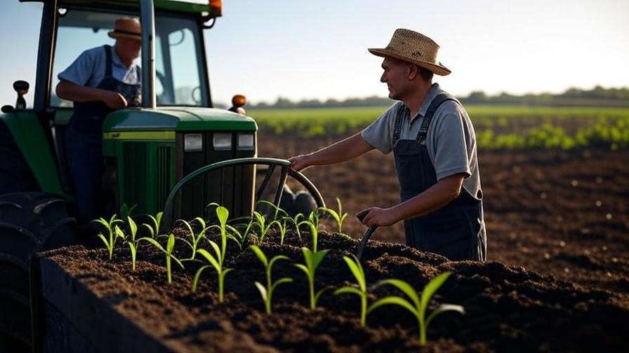 Farmer adjusting field cultivator on tractor with prepared seedbed