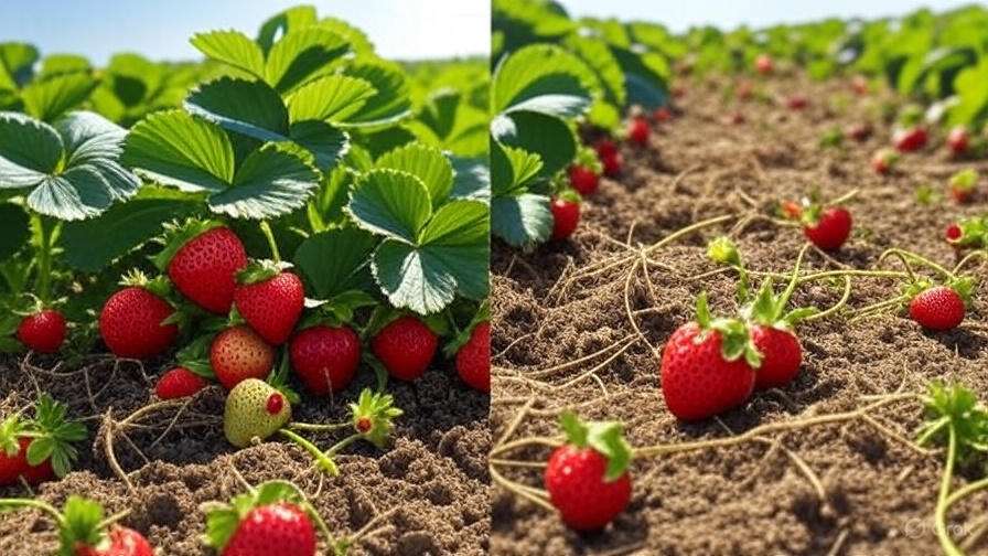 Healthy strawberry field with ladybugs versus pest-damaged field showing natural pest control success