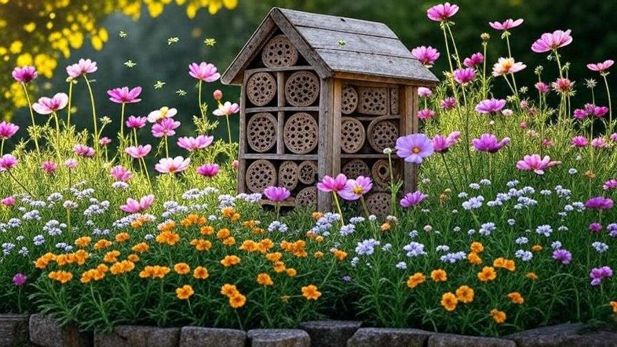 Garden with insect hotel, alyssum, cosmos, and green insects under golden hour light