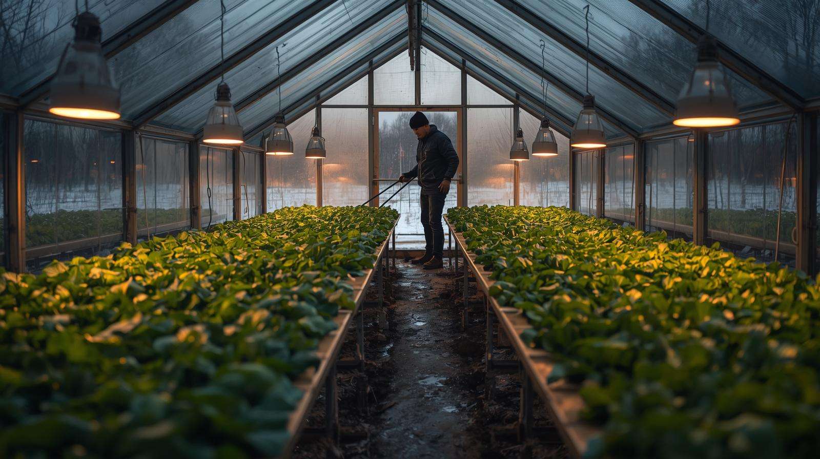 Farmer growing collards and lettuce in a greenhouse during winter, with snow outside and grow lights illuminating vibrant crops.