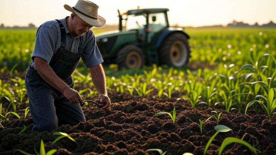 Farmer using soil sensor and tractor in a mixed crop field for precision agriculture.