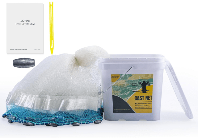 Goture American Fishing Cast Net Saltwater Freshwater, 3/8in Mesh Size Casting Net for Bait Fish Shrimp Trap, Dual Color Double Selvage Add Tape, Throw Cast Nets with Needle