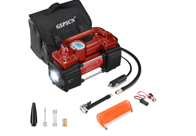 GSPSCN Portable Digital Car Tire Inflator with Gauge 150Psi Auto Shut-Off, Heavy Duty Double Cylinders 12V Air Compressor Pump with LED Light for Auto,Truck,Car,Bicycles,RV,SUV,Balls etc. (RED)