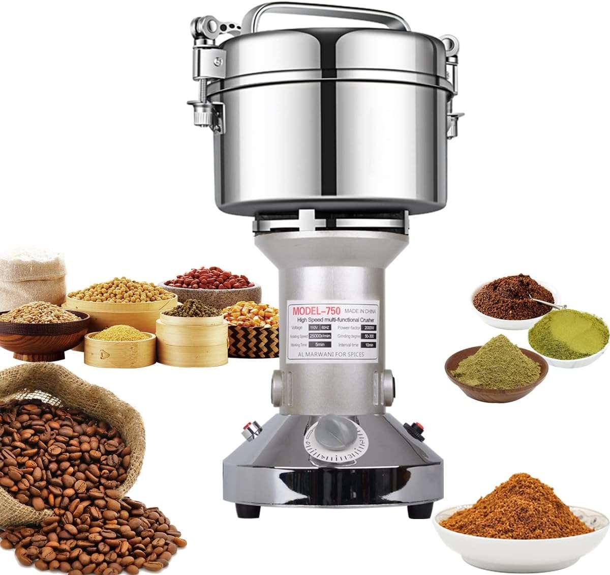 Grain Mill Grinder 750g High Speed Electric Stainless Steel Grinder Cereals Corn Flour Pulverizer Powder Machine for Dry Spice Herbs Grains Coffee Rice Pepper
