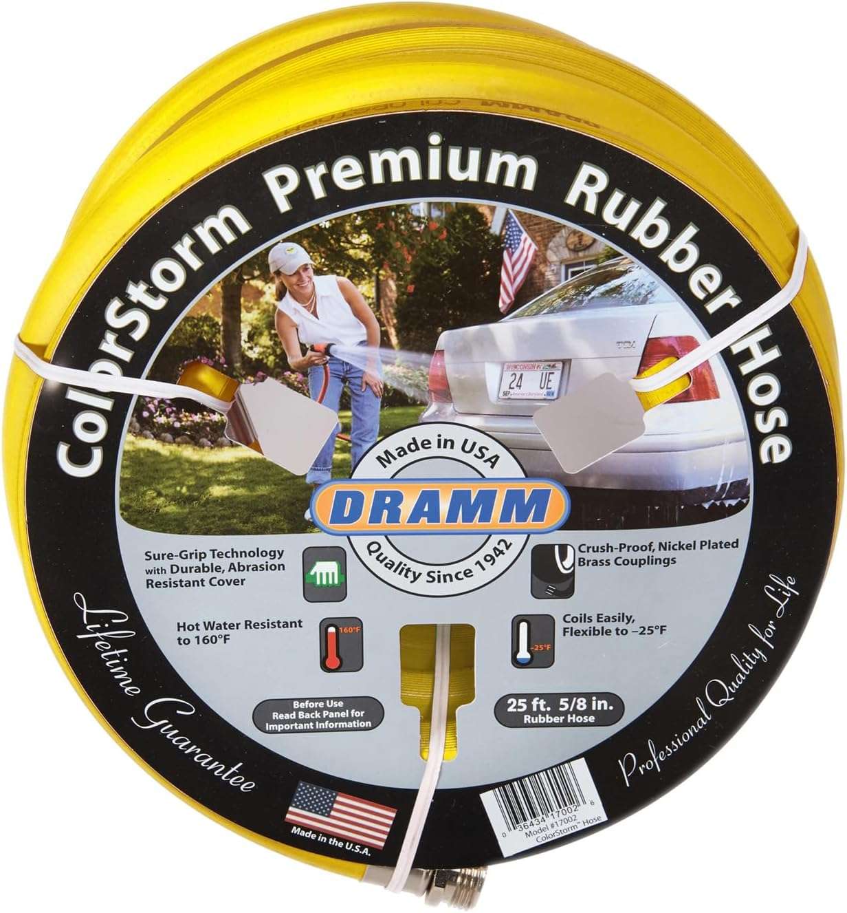 Dramm ColorStorm Premium Rubber Garden Hose, No Kink, Leak Proof Water Hose, Male Female Fittings, Made in USA, Hot & Cold Resistant, 518 Burst PSI, Yellow, 5/8"x75'
