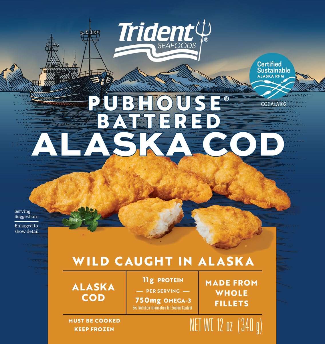 Trident Seafoods - Pub House Battered Cod - 12 oz, Frozen - Wild Caught Alaska Cod - 11g of Protein and 780mg of Omega-3 Per Serving - Made from Whole...
