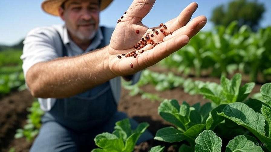 Farmer releasing ladybugs into a vegetable garden with healthy crops