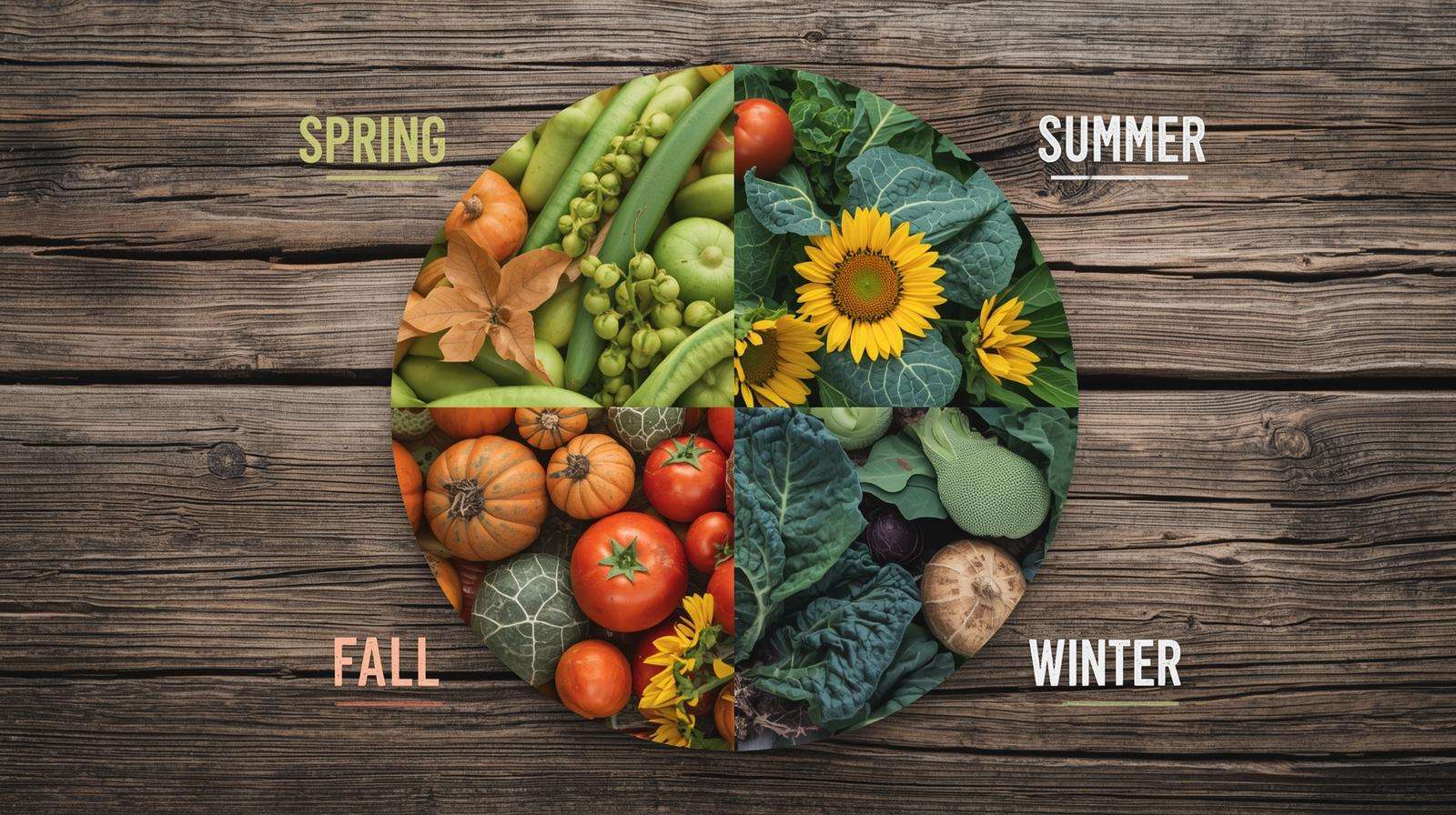 Colorful seasonal planting calendar illustration with crops like peas, tomatoes, kale, and collards, representing spring, summer, fall, and winter farming.