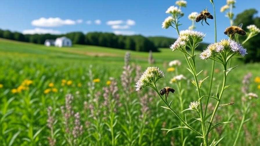 Thriving farm with no-till and crop rotation areas, bees pollinating flowers.