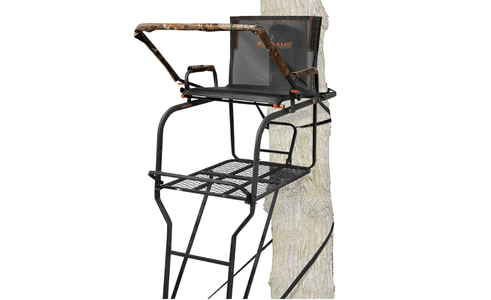 BIG GAME 1-Person Ladder Tree Stand for Hunting Deer, Flex-Tek Seat, Black - Adjustable Climbing Treestand with Platform and Safety Harness for Shooting 