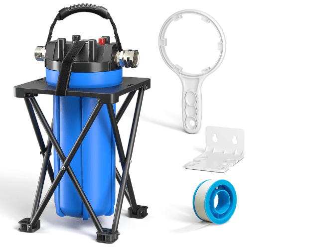 4-Layer RV Water Filter with Stand and 7,000 Gallons Capacity, 3/4" GHT Metal Threads Inline Water Filter, Removes Sediments, Chlorine, VOCs, Heavy Metals, Bad Taste, Odor, and More