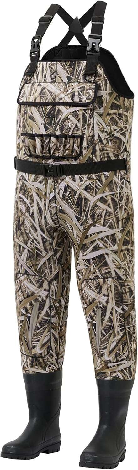 BASSDASH Men’s Neoprene Waders Black Reeds Camo for Fishing Hunting with Rubber Boots Foot Waterproof Chest Waders
