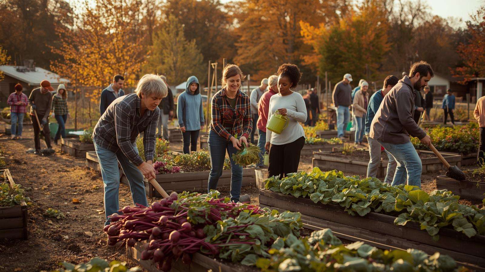 Diverse gardeners planting garlic and harvesting beets in a fall community garden, showcasing collaborative seasonal farming success.