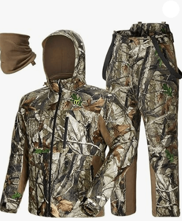 TIDEWE Hunting Clothes for Men with Face Mask, Silent Waterproof Hunting Jacket and Adjustable Bibs, Safety Strap Compatible