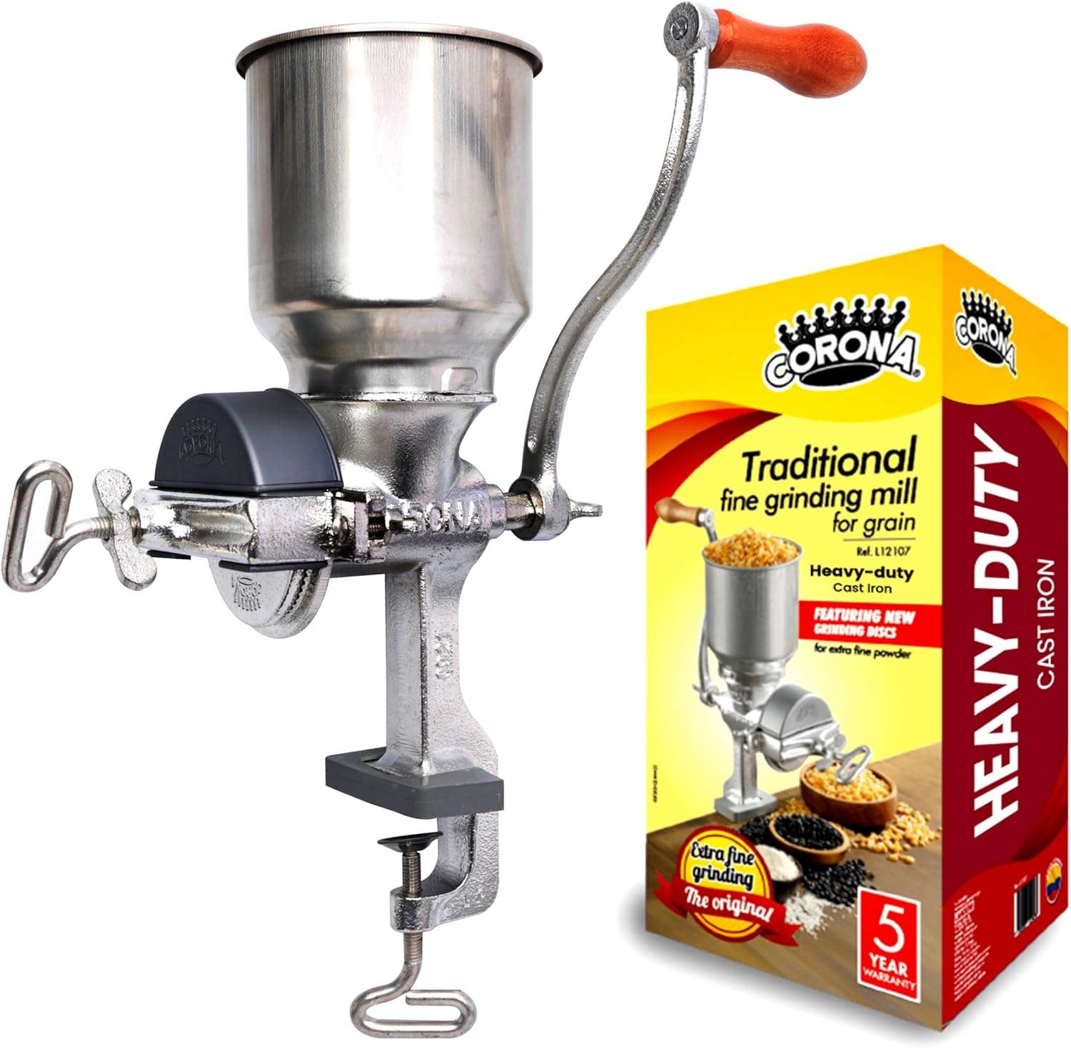 Corona Corn Grinder with High Hopper, Grain Mill, Manual Grinder For Corn, Rice, Soybeans, Pepper, Chickpeas, Cast Iron Wheat Grinder For Domestic Use
