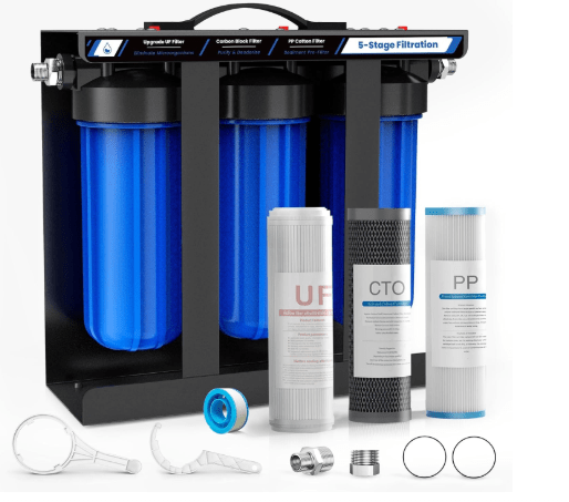 RV Water Filter System,5-Stage Water Filtration for Rvs and Campers, 0.01 Micron Filters Out Sediments, Chlorine, Vocs, Heavy Metals, Odors for Travel Trailers, Boats, 1" Inlet/Outlet