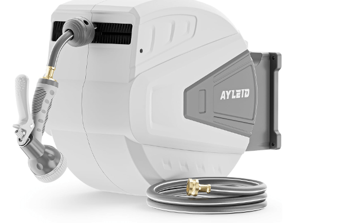 Ayleid Retractable Garden Hose Reel,5/8 in x 100 FT Wall Mounted Hose Reel, with 9- Function Sprayer Nozzle, Any Length Lock/Slow Return System/Wall Mounted/180°Swivel Bracket (Grey)