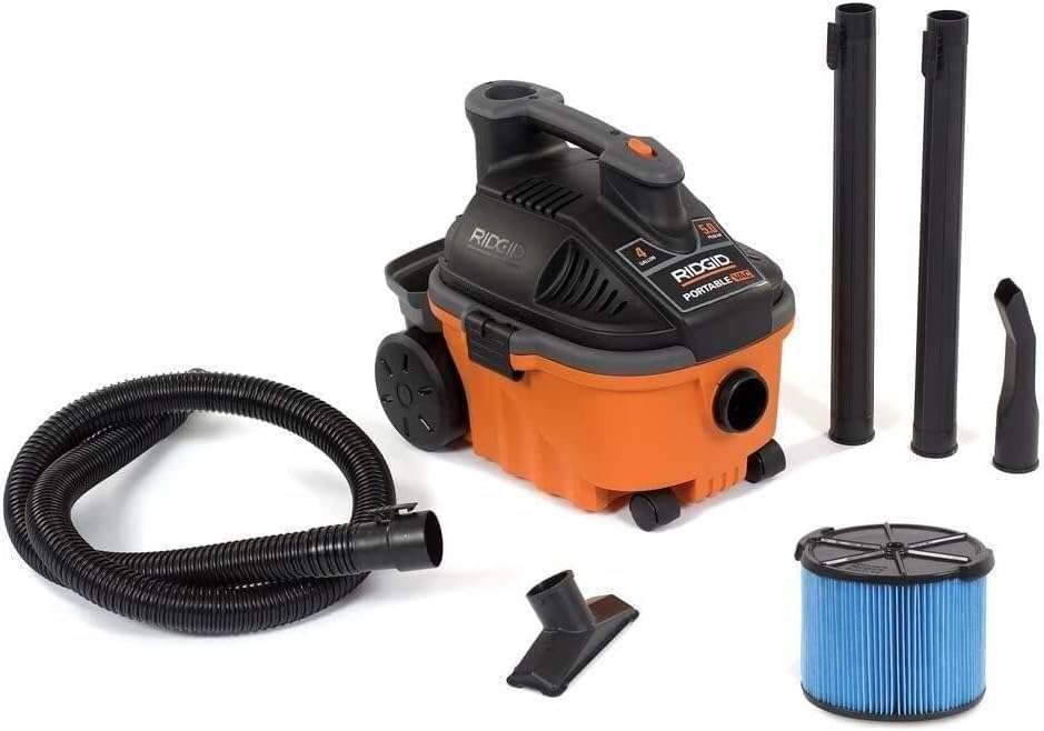 Wet Dry Vacuums with Rear Wheels, 5.0 Peak HP, 4-Gallon Wet Dry Vacuum Cleaner with Tool Kit Casters Powerful Cartridge Filter