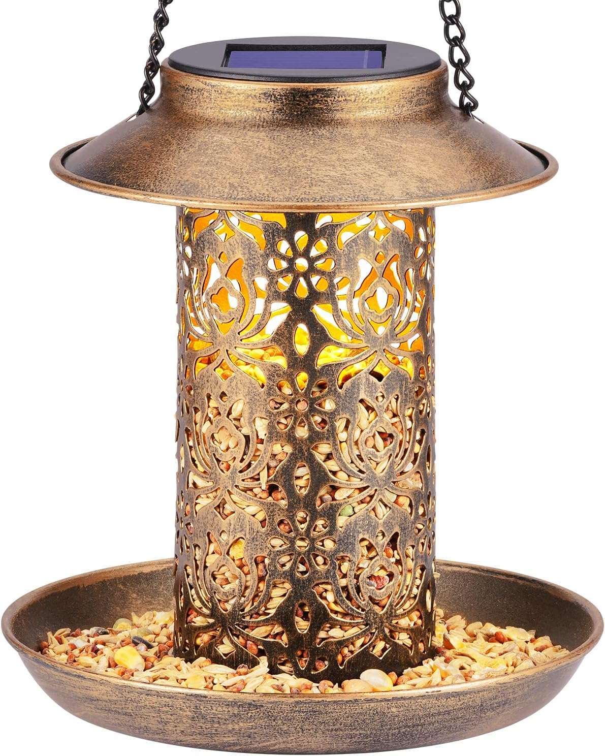 SWEETFULL Solar Bird Feeder for Outdoors Hanging, Metal Wild Bird Feeder for Cardinals Solar Garden Lantern with S Hook as Gift for Bird Lovers (2LBs Heavy...