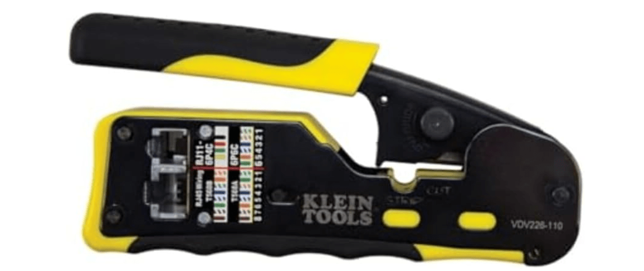 Klein Tools VDV226-110 Ratcheting Modular Data Cable Crimper / Wire Stripper / Wire Cutter for RJ11/RJ12 Standard, RJ45 Pass
