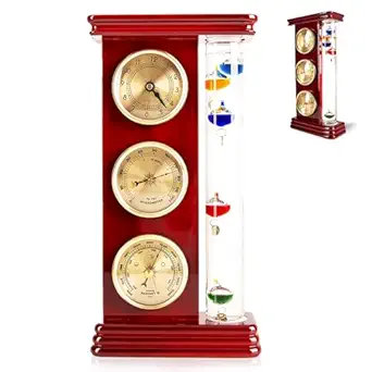 Classic Analog Weather Station with Galileo Thermometer,Barometer,Hygrometer,and Precision Quartz Clock.Home Decor,Wireless Indoor and Outdoor Thermometer,Weather Gifts