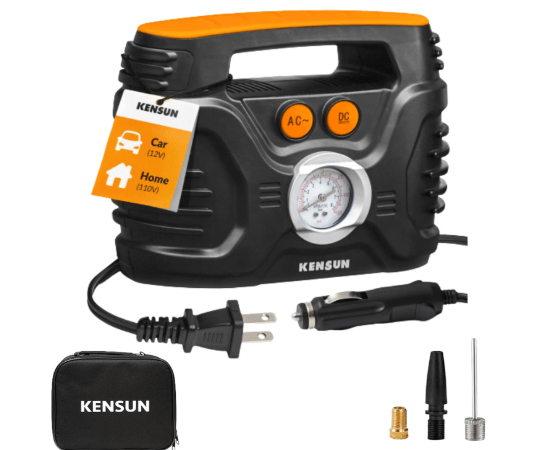 Kensun AC/DC Power Supply Portable Air Compressor Pump with Analog Display to 100 PSI for Home (110V) and Car (12V), Tire Inflator with Adaptors for Cars, Trucks, Bicycles, Balls