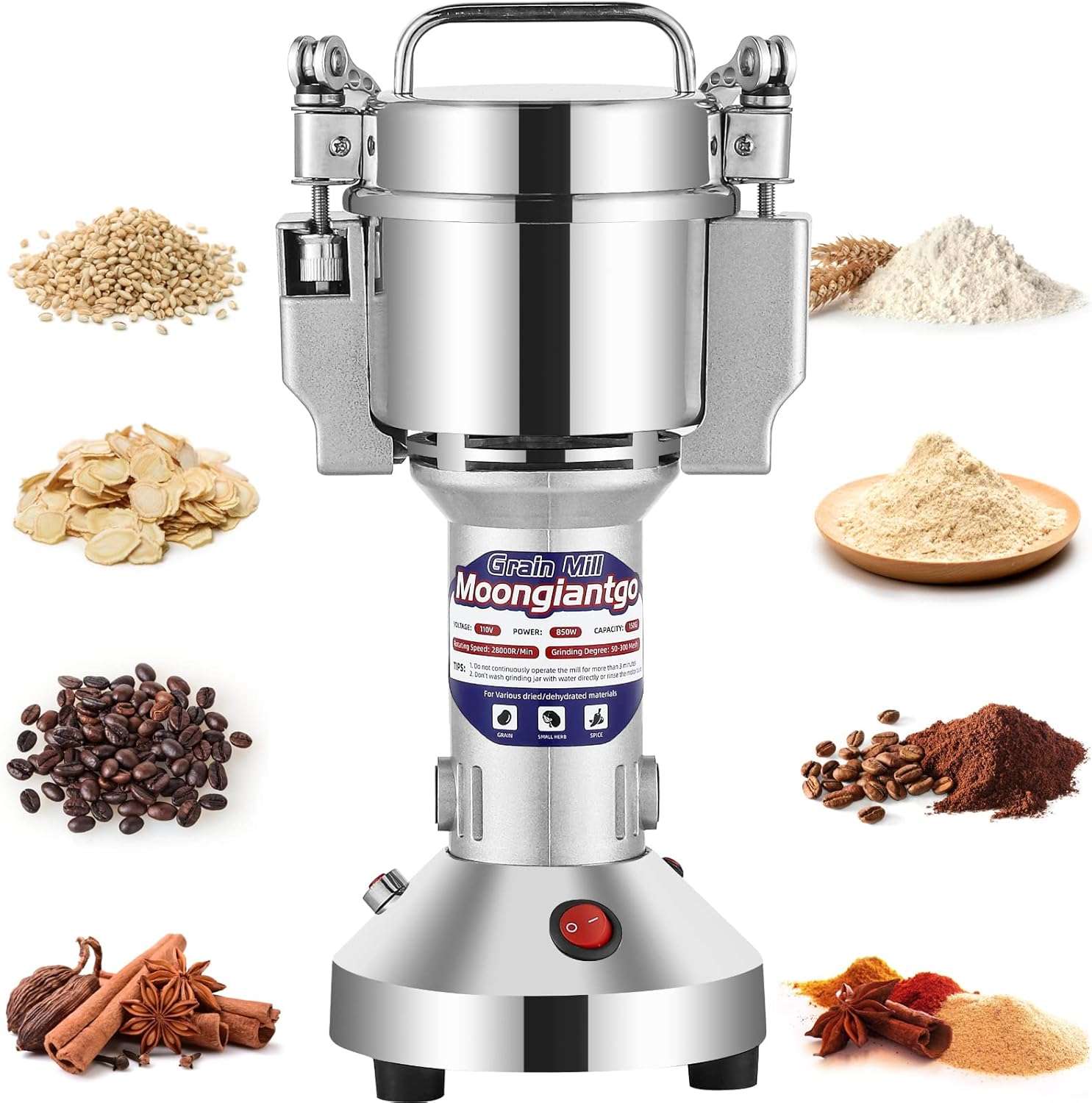 Moongiantgo Grain Mill Grinder Electric 150g Commercial Spice Grinder 850W Stainless Steel Pulverizer Dry Grinding Machine for Wheat Corn Rice Pepper Herbs Coffee Beans (150g Upright, 110V)
