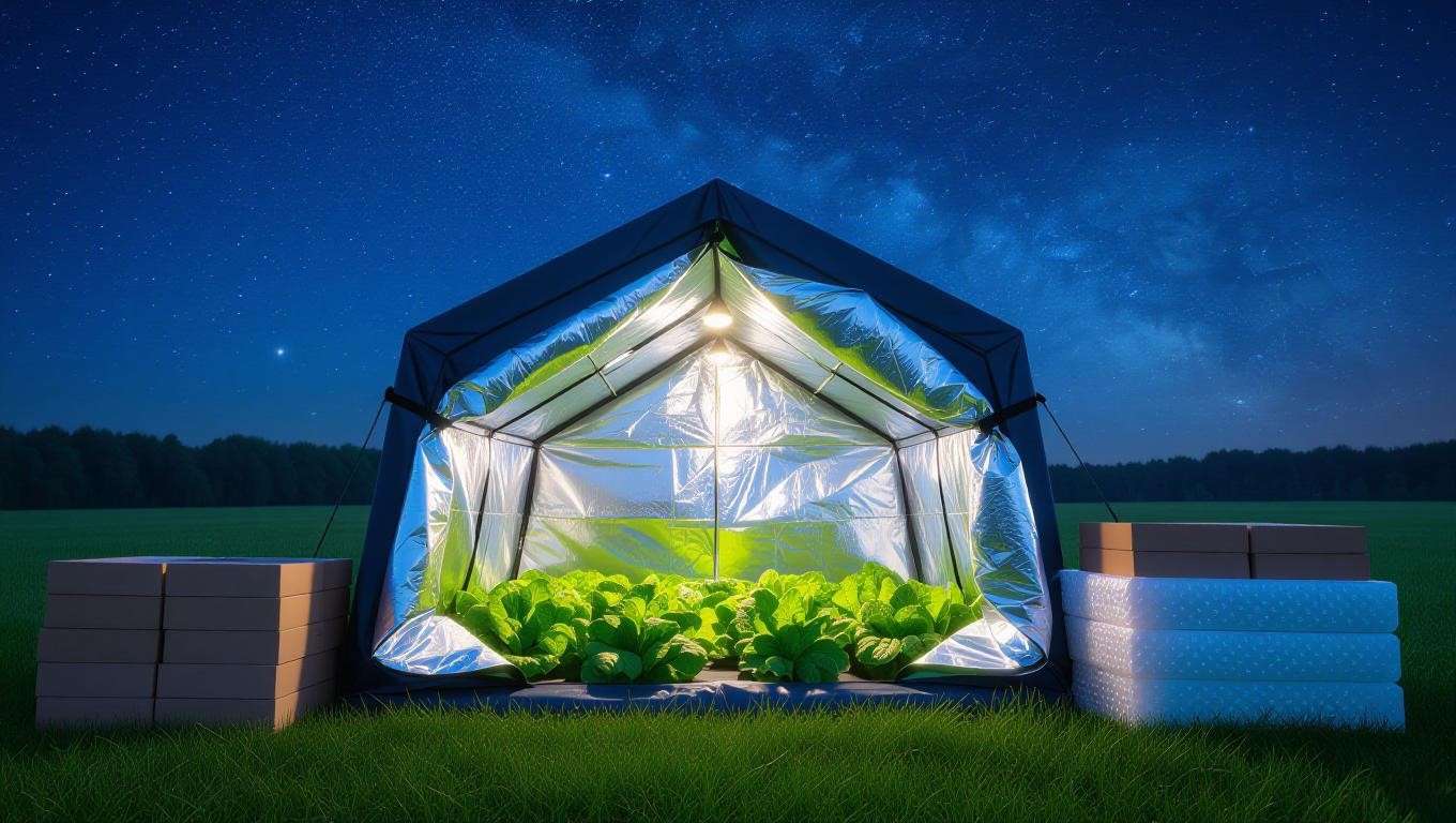 Vegetable grow tent insulated with thermal blankets and reflective Mylar at night.