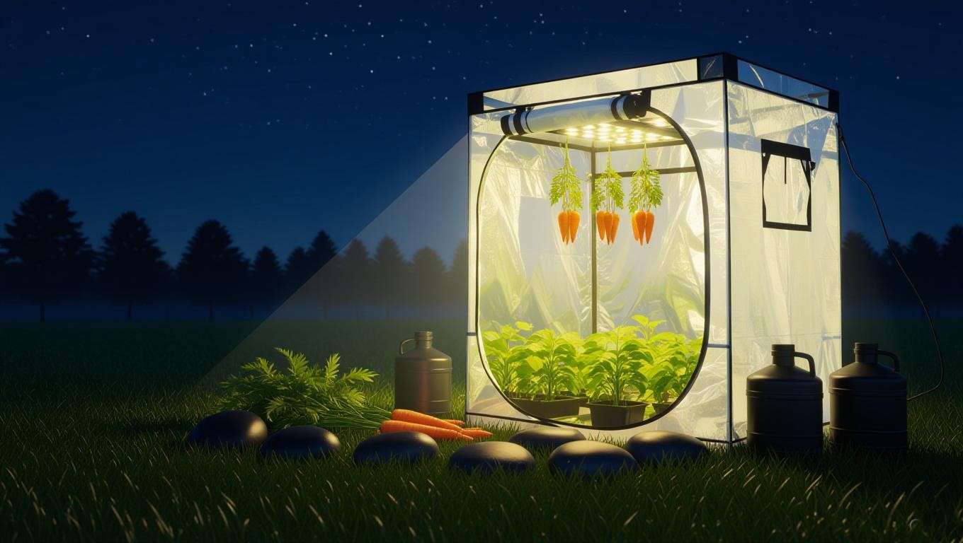 Vegetable grow tent using water jugs and stones as thermal mass for nighttime warmth.