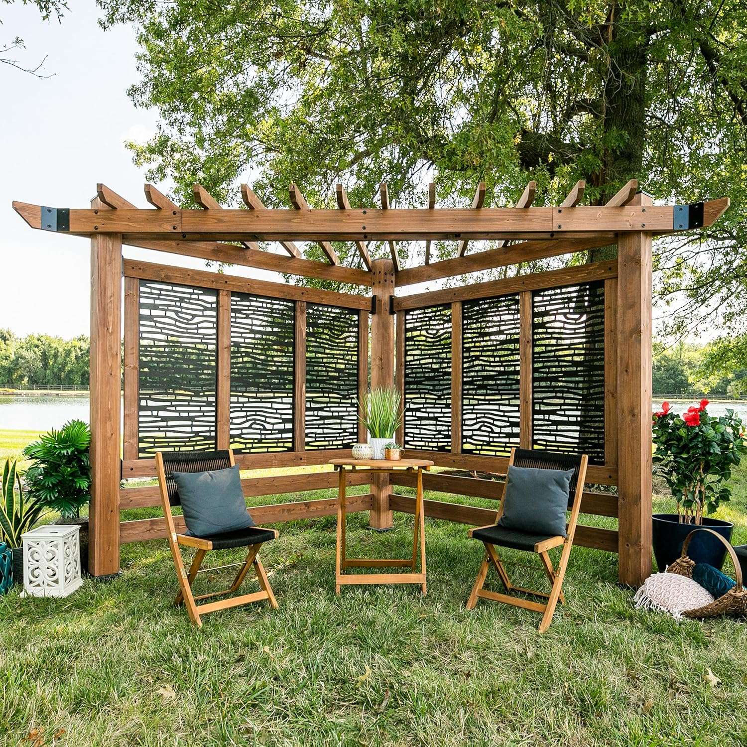 Backyard Discovery Verona 12' x 8' Cedar Wood Cabana Corner Pergola with Bamboo Privacy Panels for Outdoor Patio, Deck, Garden, Poolside, Entertaining