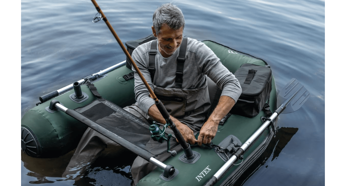 INTEX Big Catch Pro Inflatable Fishing Float Tube, Includes 54in Boat Oars, High-Output Pump, Detachable Fishing Rod Holders, Mesh Fish Ruler, Heavy Duty Backpack, Storage Bag, 308lb Weight Capacity 