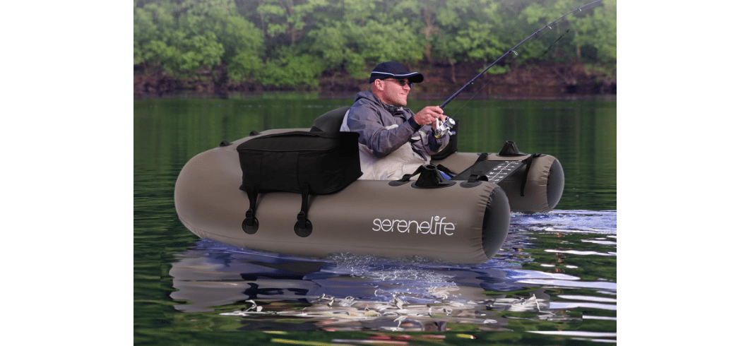 Serenelife Inflatable Fishing Float Tube – PVC Belly Boat for Angling with Fishing Rod Holders, 2 Waterproof Storage Pockets, Fish Ruler, 220 lbs Capacity 