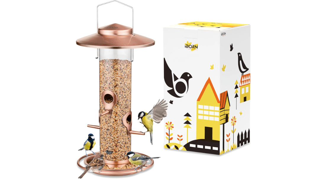 iBorn Bird Feeders for Outdoors, 2LB Metal Bird Feeders 17cm Large Roof &Tray, 4 Feeding Ports, Brushed Copper Finishing 