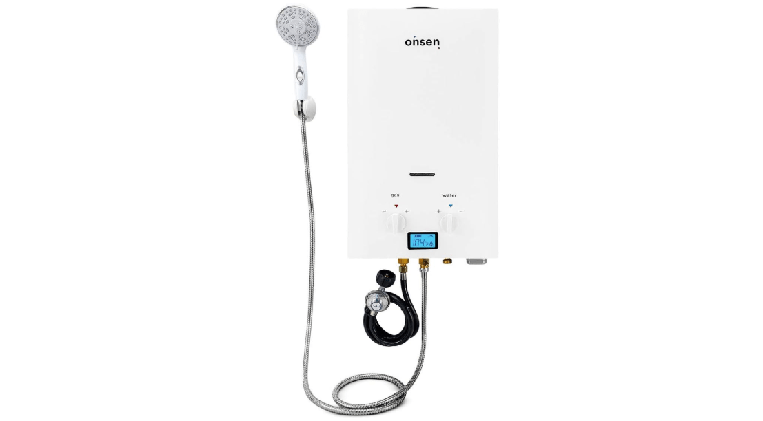 ONSEN Portable 7L Tankless Water Heater - Propane Fueled w/Dual Ignition System, LED Screen, & 12V Alligator Clips - Portable Hot Water Heater on Demand for Camping, RV, & Outdoor Use 