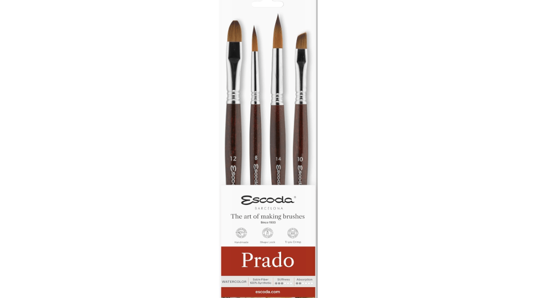 Escoda | Watercolour | Prado Series Set for Watercolour | Size 8,10,12,14 | 4 Brushes | Synthetic Tame | Bright + Round Pointed + Angular 
