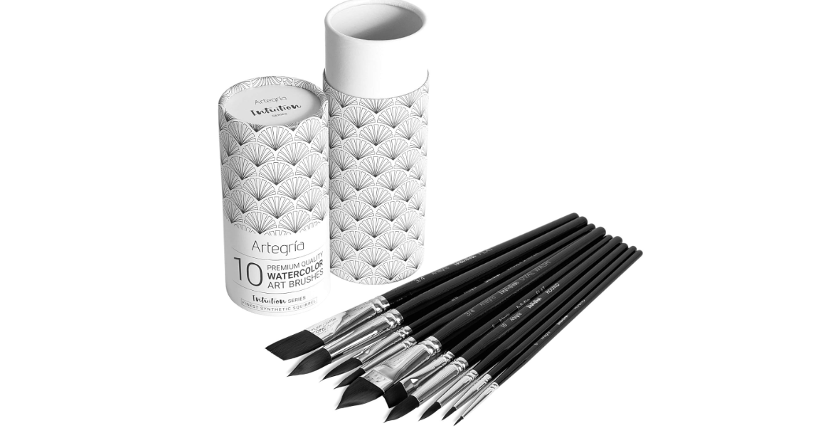 ARTEGRIA Watercolor Brush Set, 10 Professional Soft Synthetic Squirrel Paint Brushes, Including Pointed Rounds, Flats, Dagger, Oval Wash 
