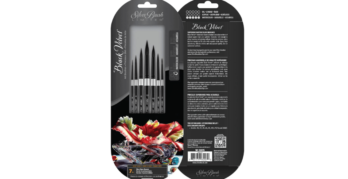 Silver Brush Limited WC-3207s Black Velvet Must-Have Rounds Set, Paintbrushes for Watercolor, Gouache, Inks, & Dyes, Set of 7, Sizes 0, 2, 4, 6, 8, 10, and 12 Round Brushes, Short Handle 
