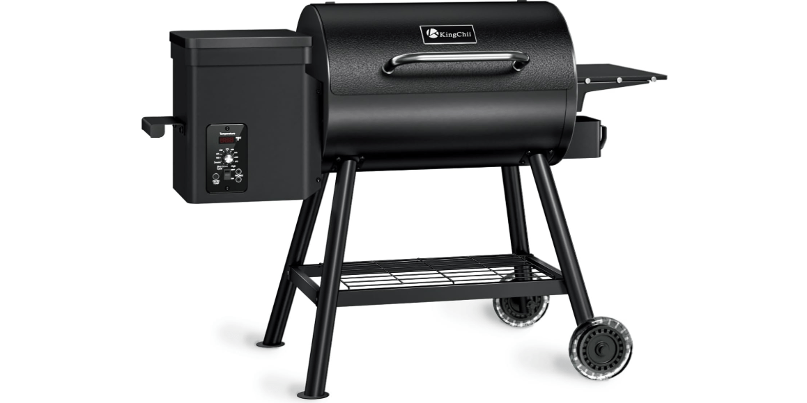 KingChii Pellet Smoker Grill with Side Shelf, 456 SQ.IN Grill Capacity, with PID Temperature Control (180-425°F) for Backyard Camping Bake and Roast, Black
