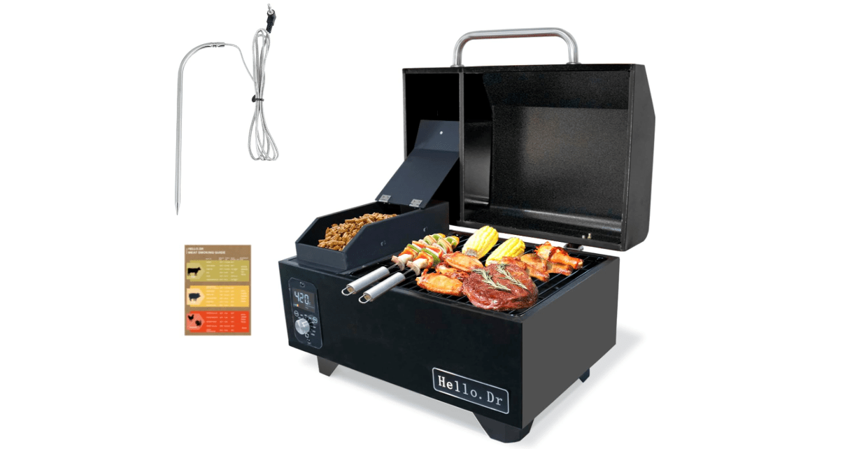 Pellet Grill, Portable Pellet Smoker, Smoker Grill with Digital Control, LED Screen, Meat Probe, Portable pellet Grills for BBQ, Smoke, Bake and Roast, RV Camping，Black
