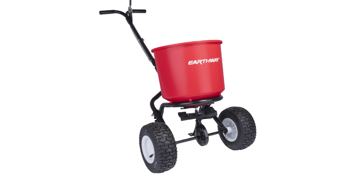 EarthWay 2600A-PLUS Spreader Lawn Aerator & Fertilizer Spreader, 40lb Hopper Capacity, Red, Durable, All Terrain Pneumatic Tires, Rust-Proof Polypropylene, Epoxy Coated Steel Frame 