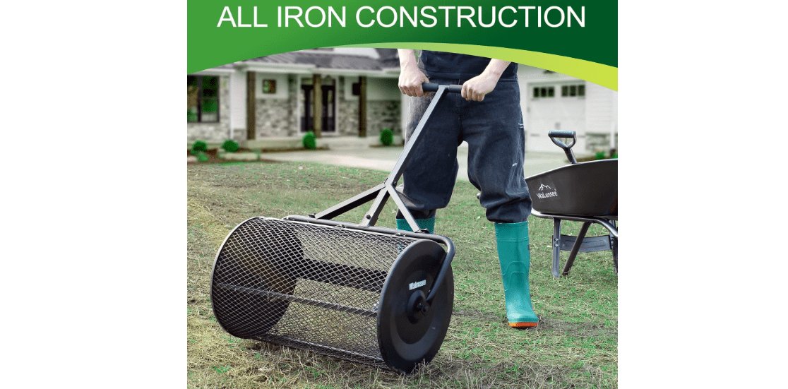 Walensee 24 Inch Compost Spreader Peat Moss Spreader with Upgrade T Shaped Handle for Planting Seeding Durable Lightweight Metal Mesh Spreader for Lawn and Garden Care Manure Spreaders Roller Patented 