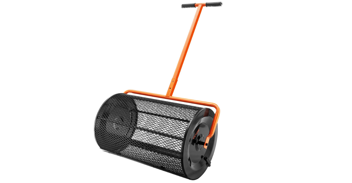 VEVOR Compost Spreader, 24.4-25.6" Height Adjustable Handle, 24" Wide, Lawn and Garden Peat Moss Roller with Side Latches, Powder Coated Steel Mesh Basket for Spreading Manure, Topsoil, Black 
