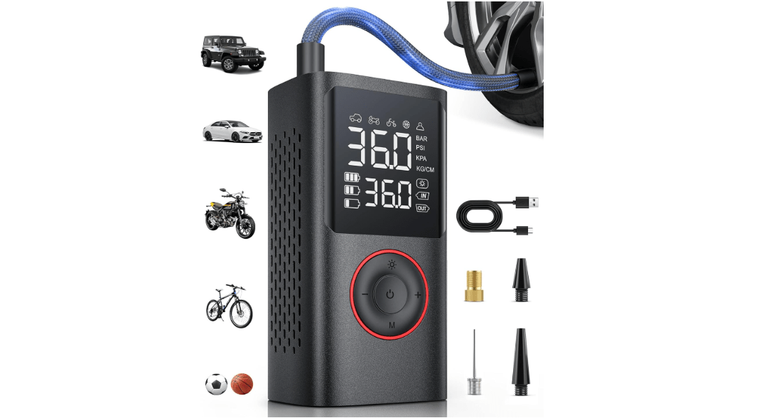 Tire Inflator Portable Air Compressor, 150 PSI Cordless Bike Pump, Air Pump for Auto, Motorcycle, Bicycle, Balls with Pressure Gauge, LED Light & Car Accessories, Black, Medium 