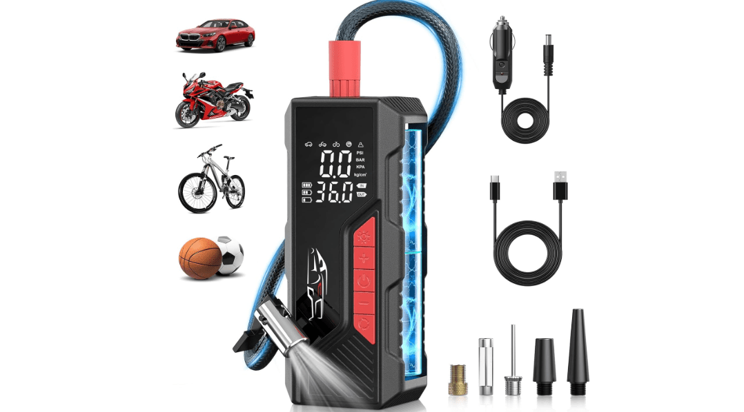 Tire Inflator Portable Air Compressor, Cordless Air Pump for Car Tire 150PSI, Battery & 12V DC, Electric Bike Pump with Pressure Gauge, Auto Shutoff, for Bicycle, Ball, Motorcycle Accessories 