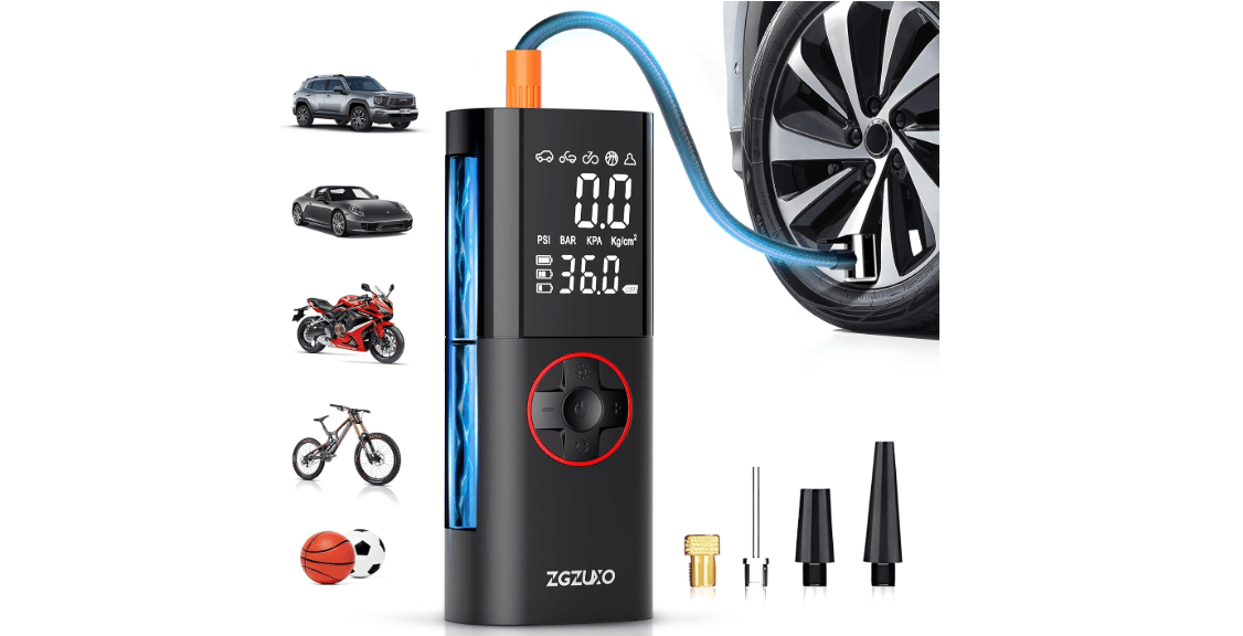 Tire Inflator Portable Air Compressor, 150PSI Rechargeable Air Pump for Car Tires with Battery, Cordless Tire Pump with Pressure Gauge & LCD Dual Screen, for Cars, Motorcycles, Bikes, Balls 